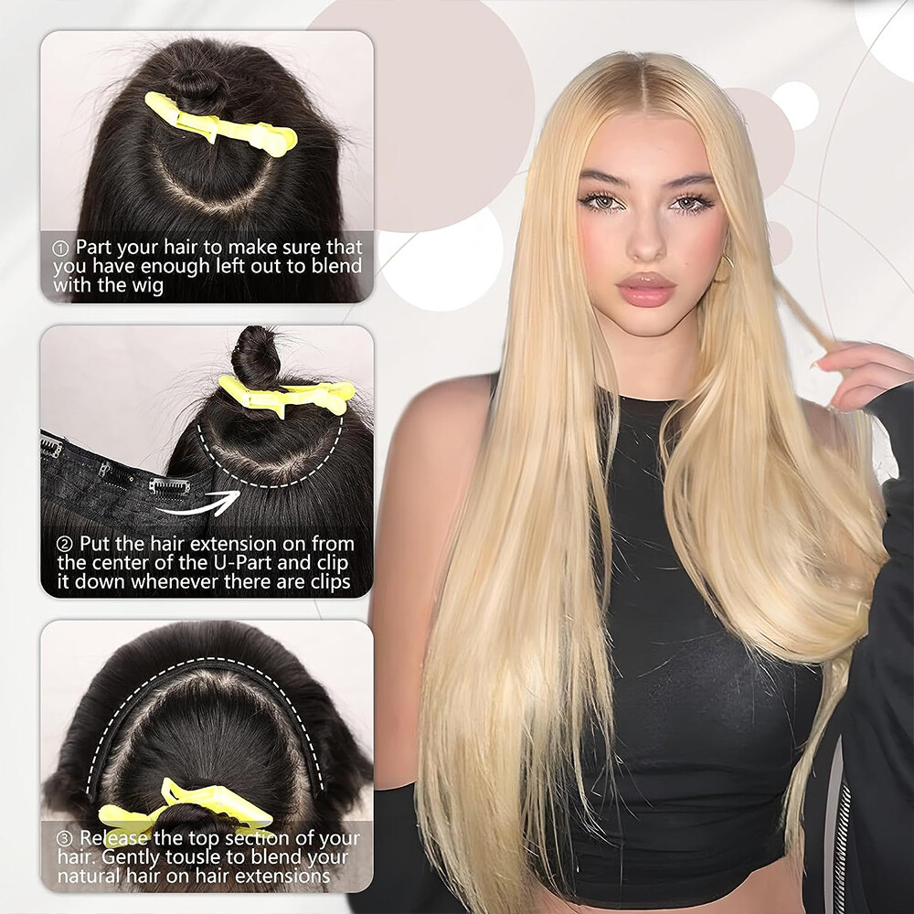 Women One Piece Real Clip in Remy Human Hair Extensions Full Head Straight Ombre