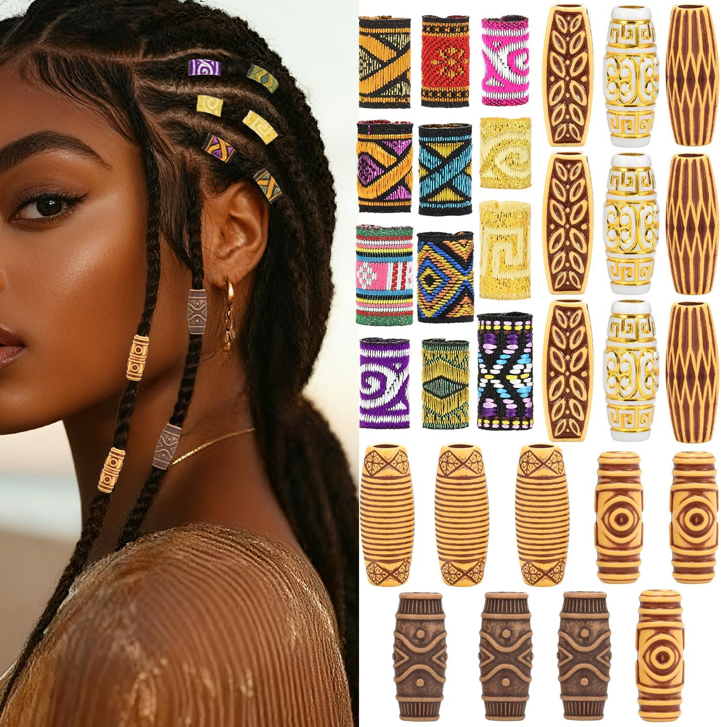 30Pcs Hair Beads for Braids, 18 Plastic + 12 Fabric African Hair Dreadlock Beads