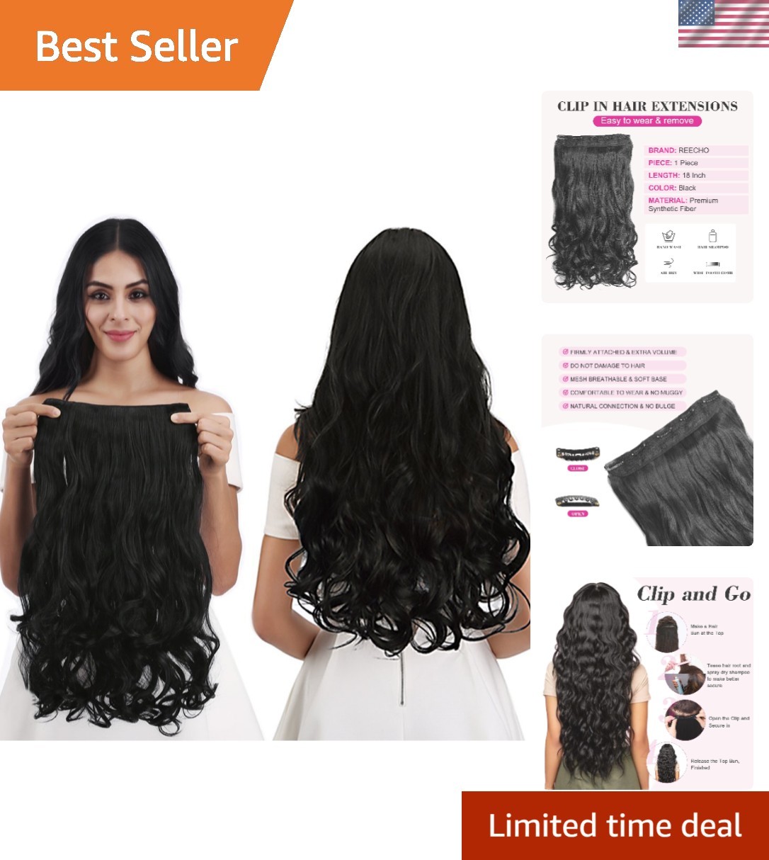 18″ 1-Pack 3/4 Full Head Curly Wavy Clips in on Synthetic Hair Extensions HE0…