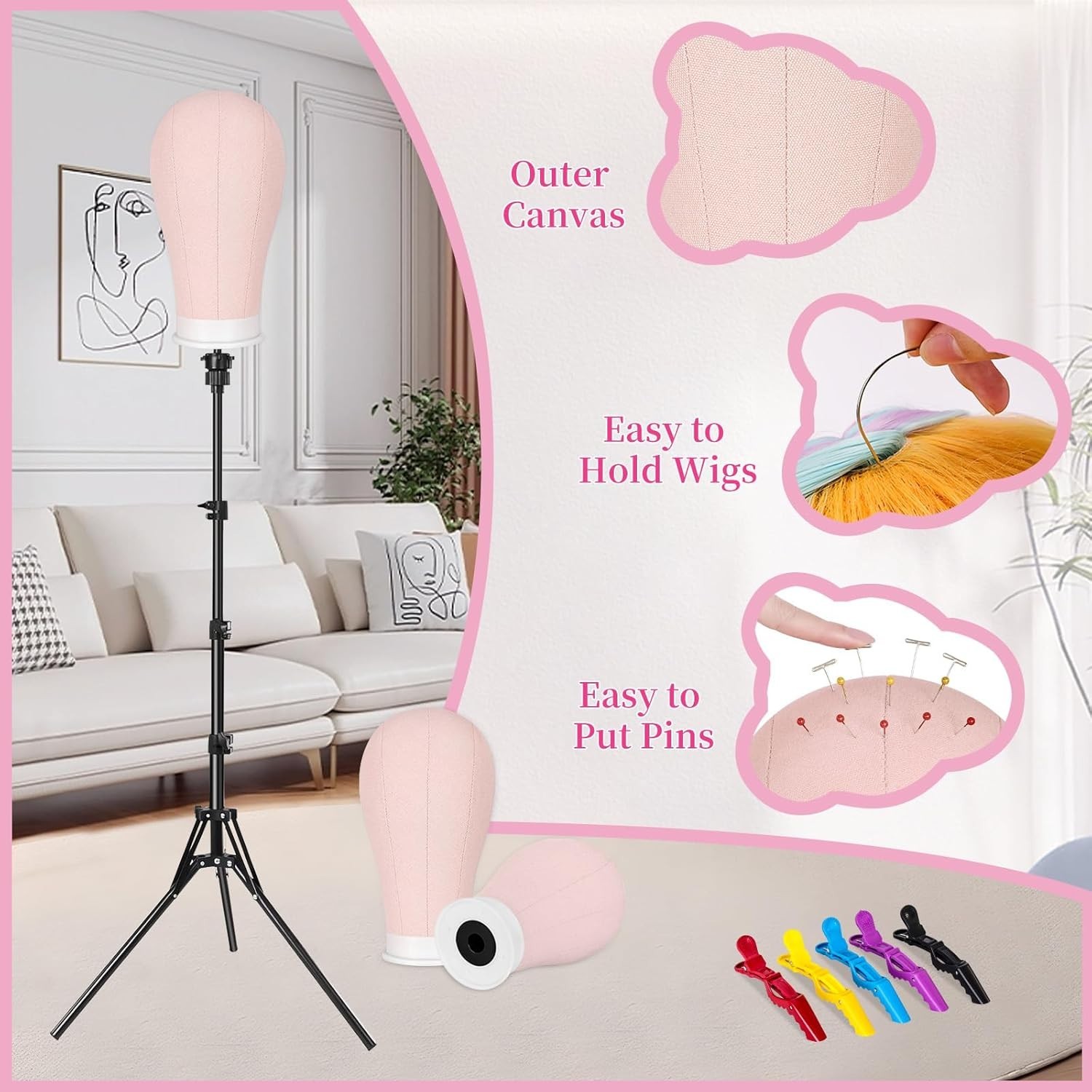 Professional 22In Wig Stand with 63In Adjustable Tripod – Pink Display Head