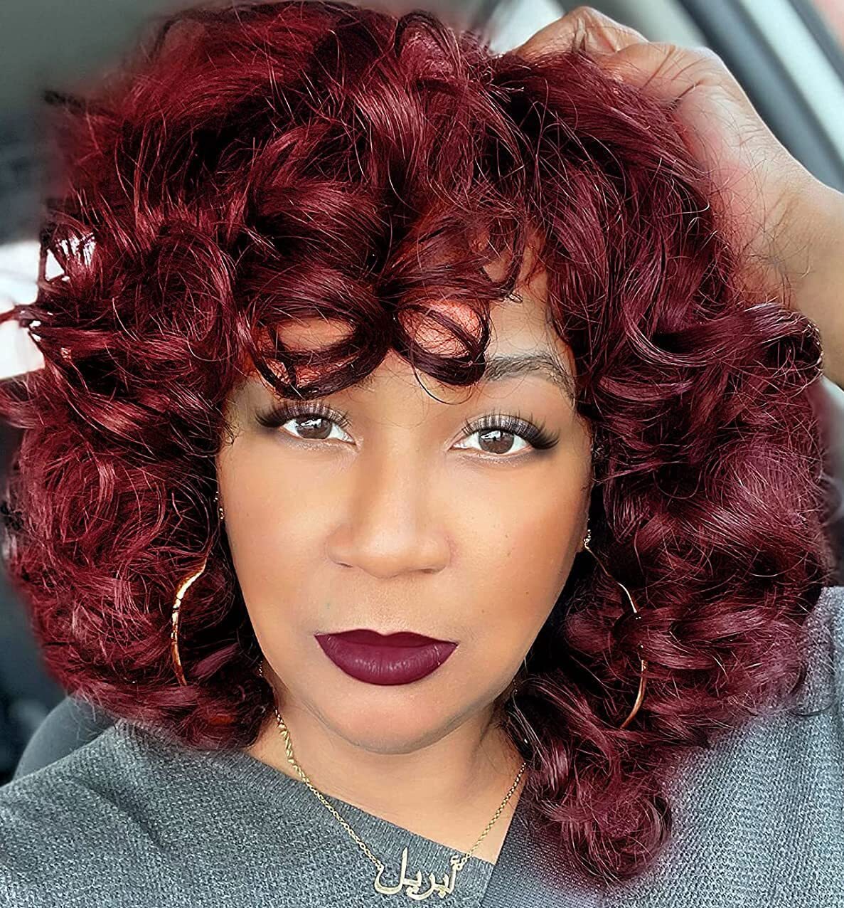 Burgundy Red Short Curly Wig For Women With Bangs Big Bouncy Fashion Curly Wigs