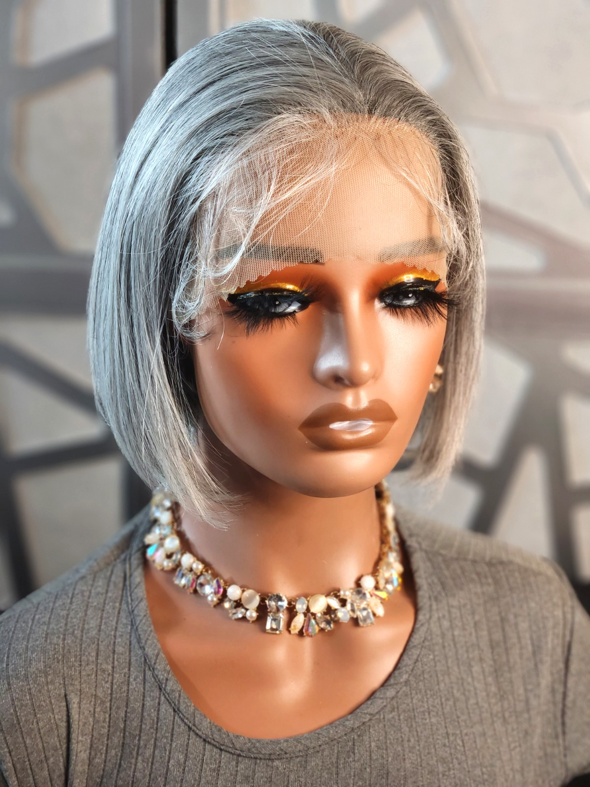 Discounted Gray Human Hair Wig Accidentally Cut Short in Back Lace Front Silver