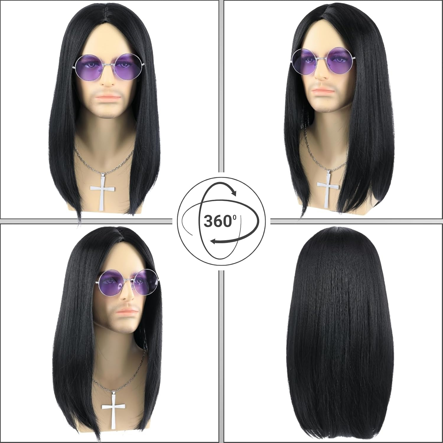 Morvally Long Black Straight 80S Heavy Metal Rocker Wig for Men – Center Parting