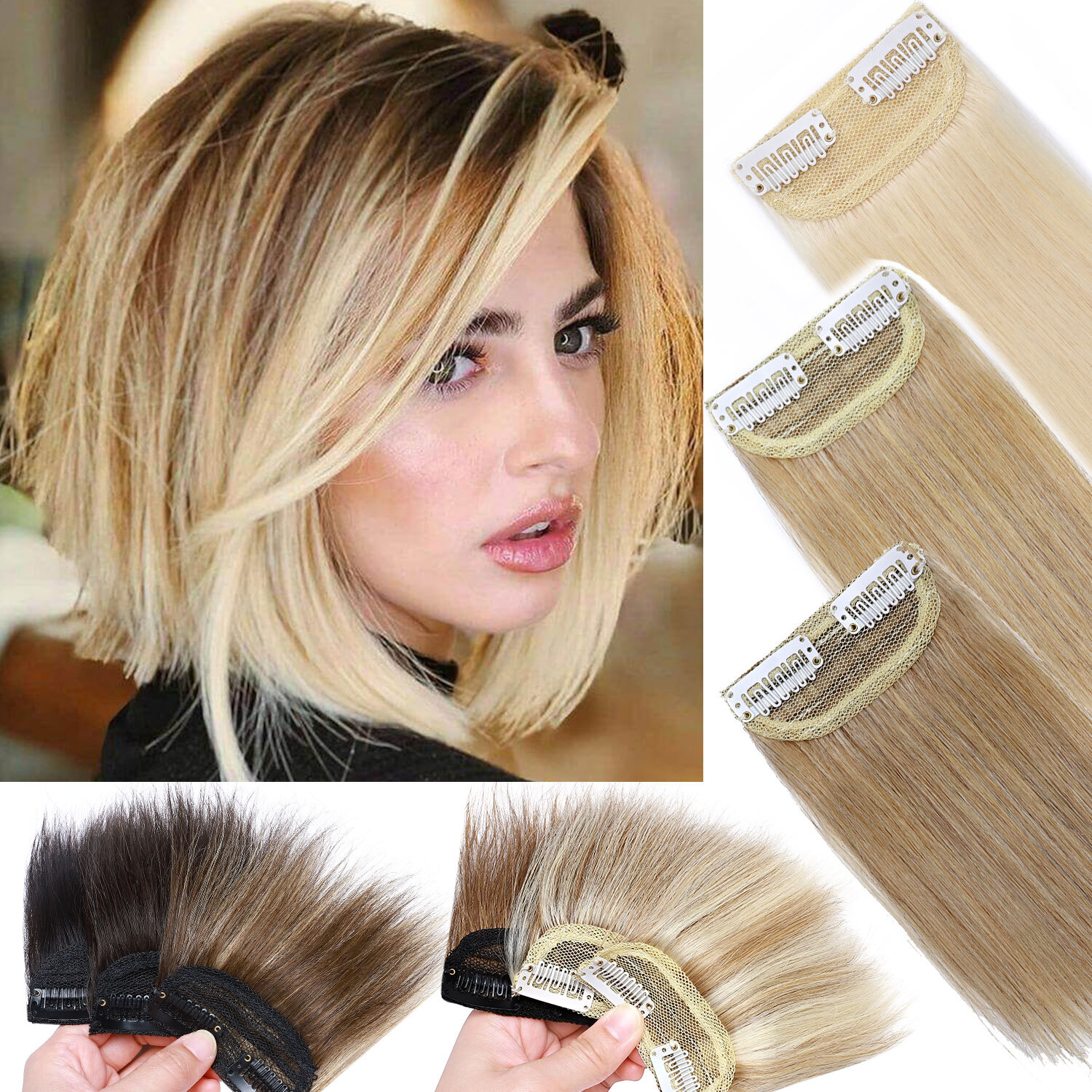US One Piece Clip In 100% Remy Human Hair Extensions Side Hair Topper Pad Blonde