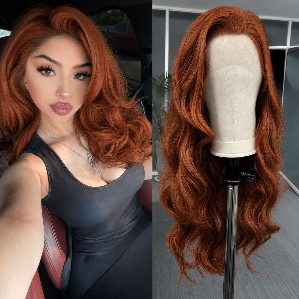 Pre Plucked Copper Red Frontal Lace Wig Long Wavy Layered Heat Resistant Hair