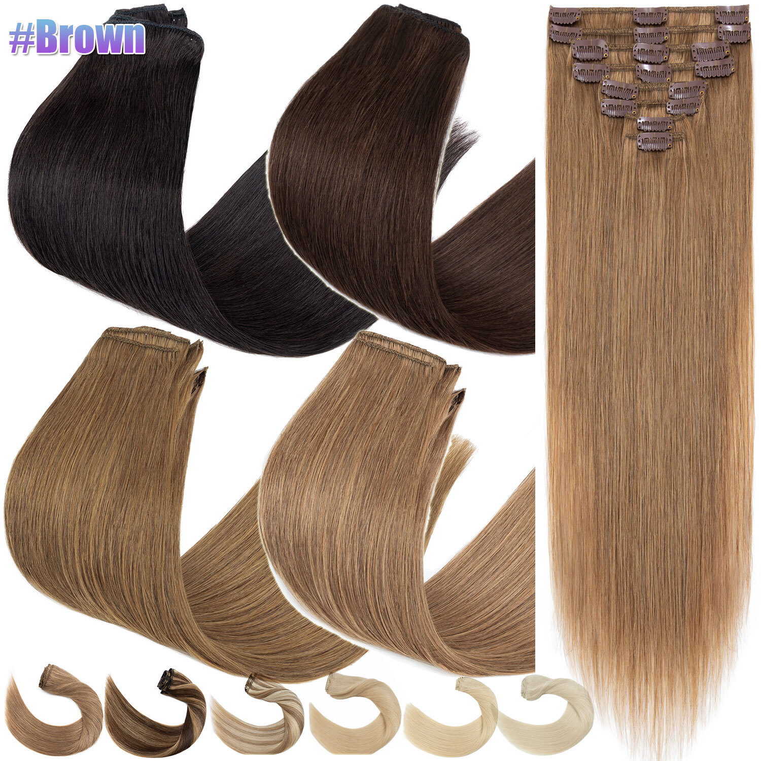 CLEARANCE Clip In 100% Real Remy Human Hair Extensions 8Pieces Full Head Caramel