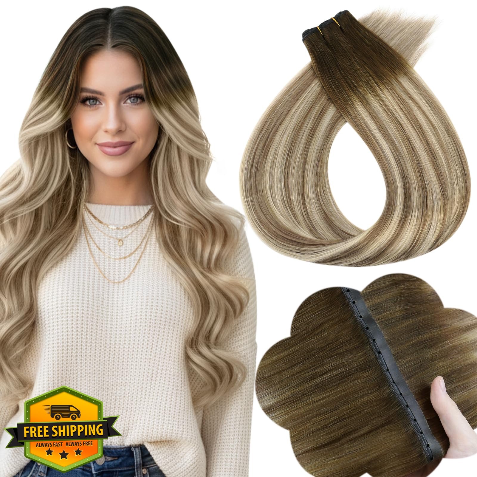 Full Shine 22″ Balayage Olive Brown Butterfly Weft Hair Extensions 50g