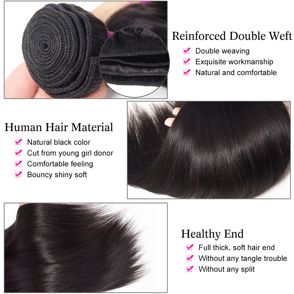Mongolian Straight Human Hair Extension Bundles With HD Transparent Lace Closure
