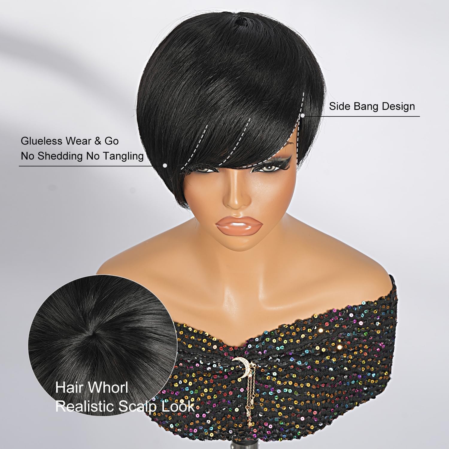 Short Pixie Cut Wig Human Hair Natural Black Glueless Full Machine Made 6 Inch