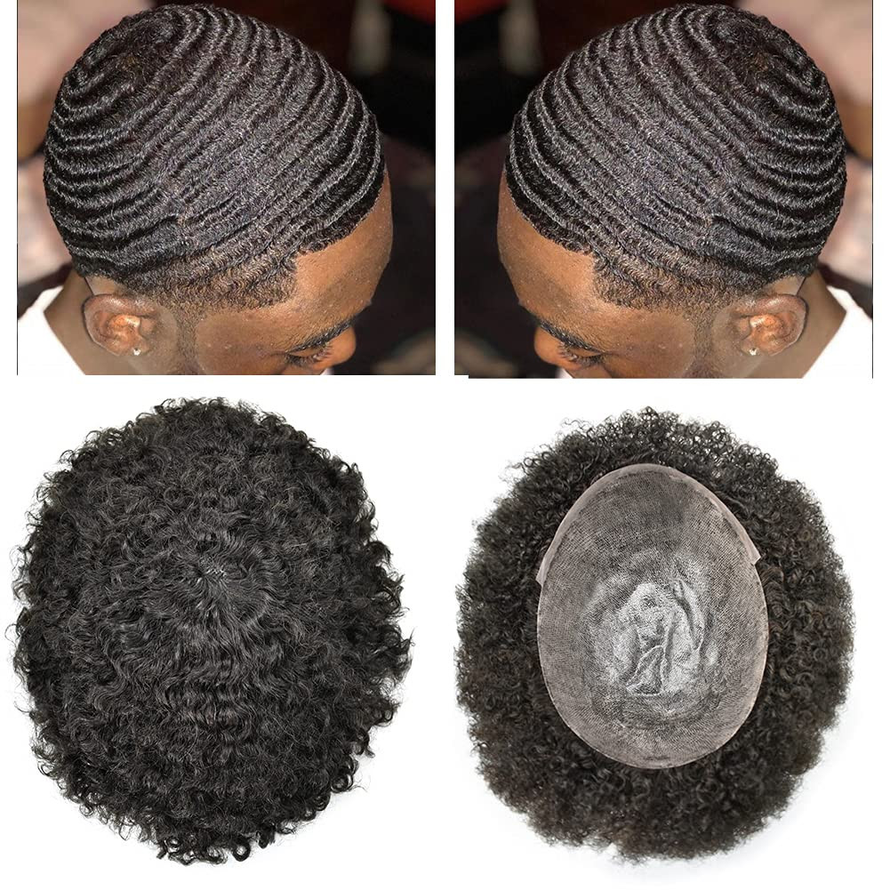 Afro Curl Mens Toupee 6MM African American Wig Full Poly PU Afro Curl System