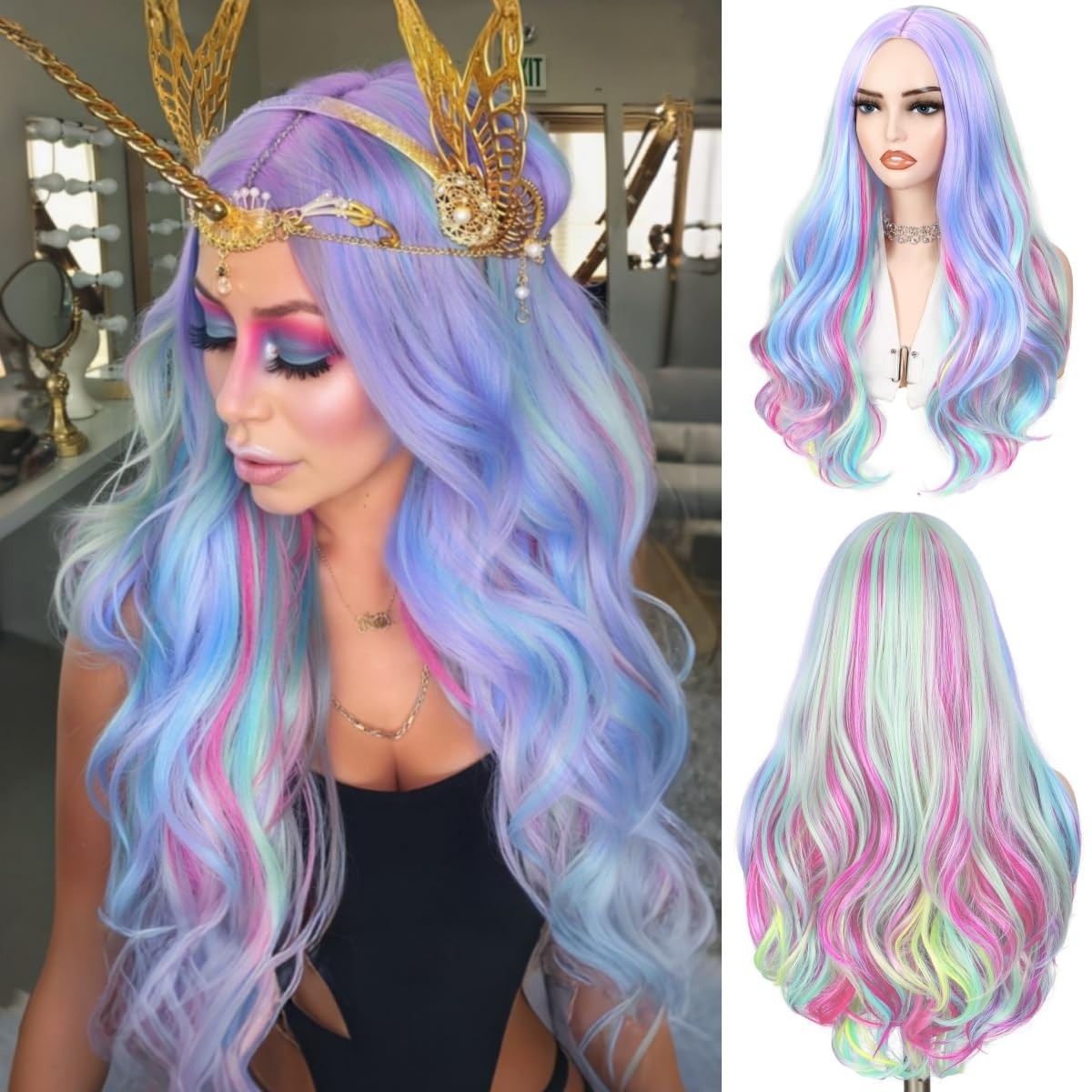 Long Rainbow Color Wavy Hair Dreamy Unicorn Color Wigs Multi-Color Pastel Col…