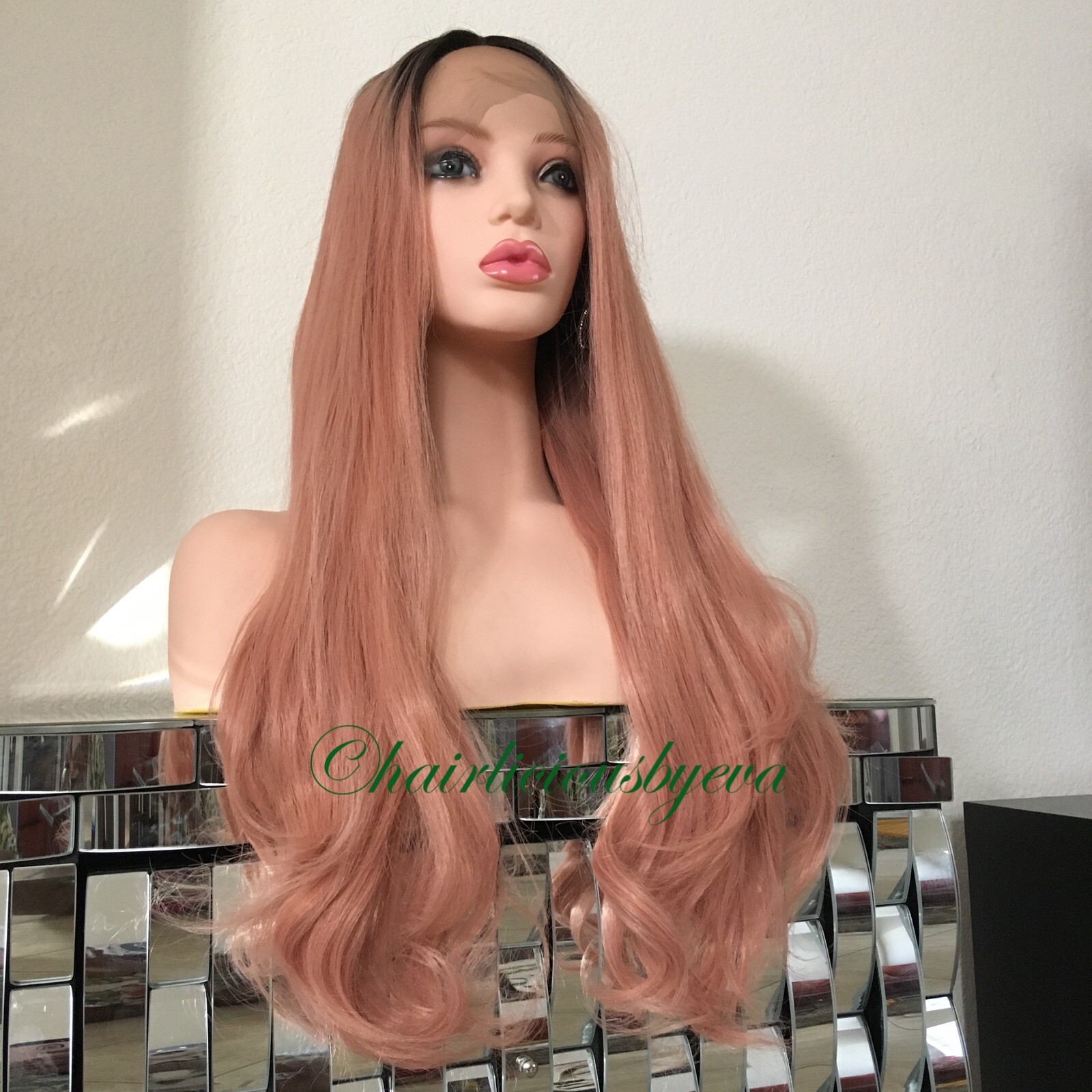 Pink rose gold Black Ombre lace front wig Wavy Layered Heat Ok 26 Inch Long