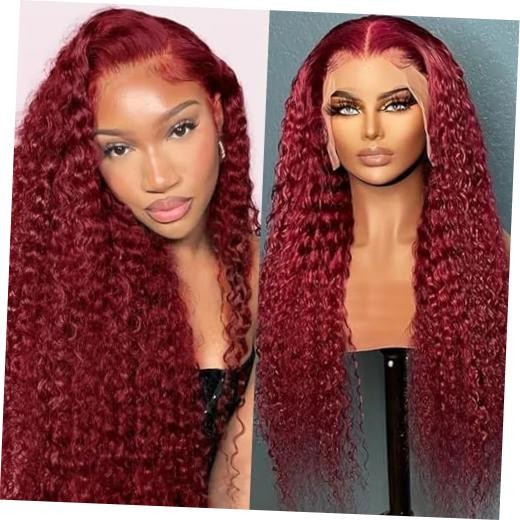 mdgfge 26 Inch Burgundy Deep Wave Lace Front Wigs Synthetic Human Hair Pre