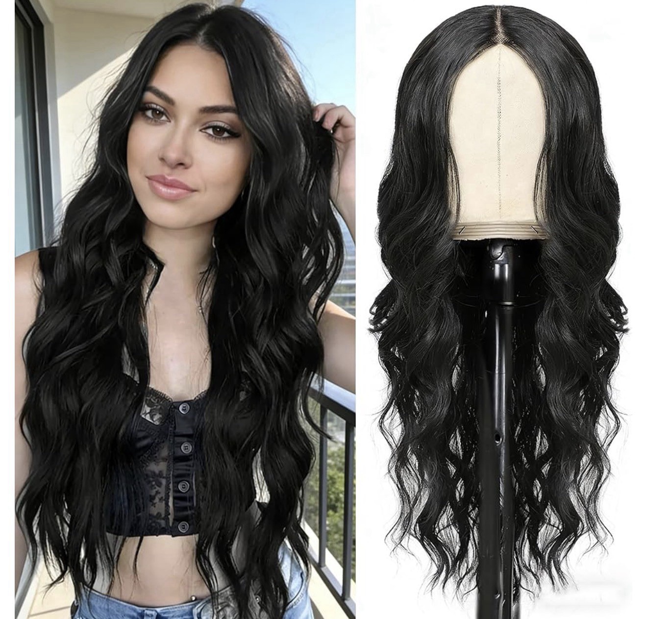ShowCoco Lace Front Glueless Body Wave Black Wavy Heat-Resistant Wig Women