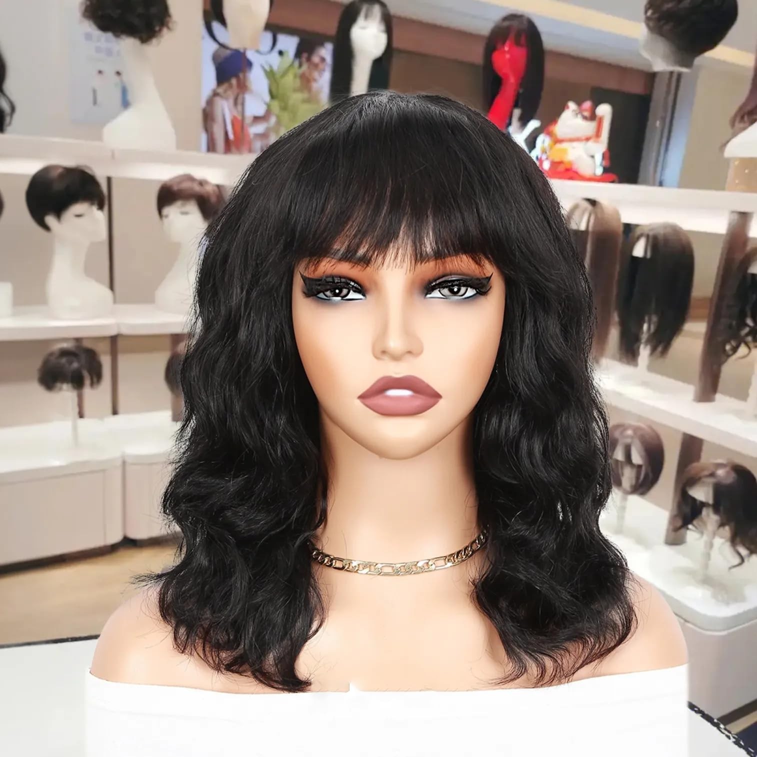 Wiger Human Hair Natural Wave Wigs Bangs Black Wavy Bob Wigs For Black Women