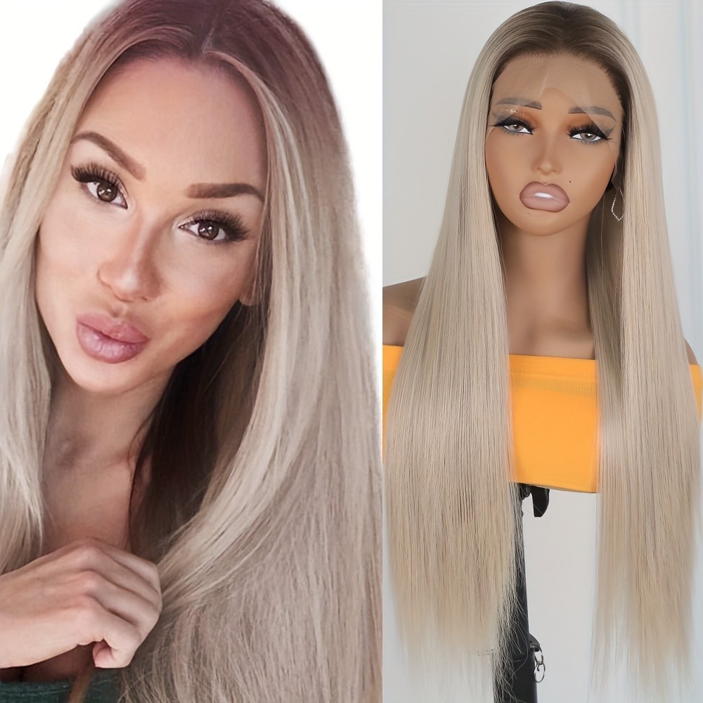 Ombre Brown Blonde Synthetic Lace Front Wigs Glueless Long Silky Straight Hair