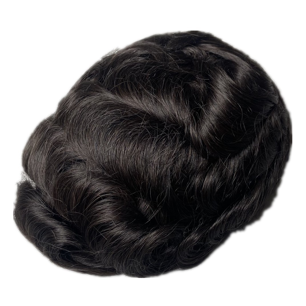 Mens Human Hair Replacement System Poly Skin Toupee Off Black Hairpiece #1B