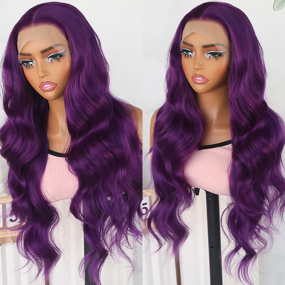 Frontal Lace Wigs Long Wavy Purple Hair Heat Resistant Soft Pre Plucked Hairline