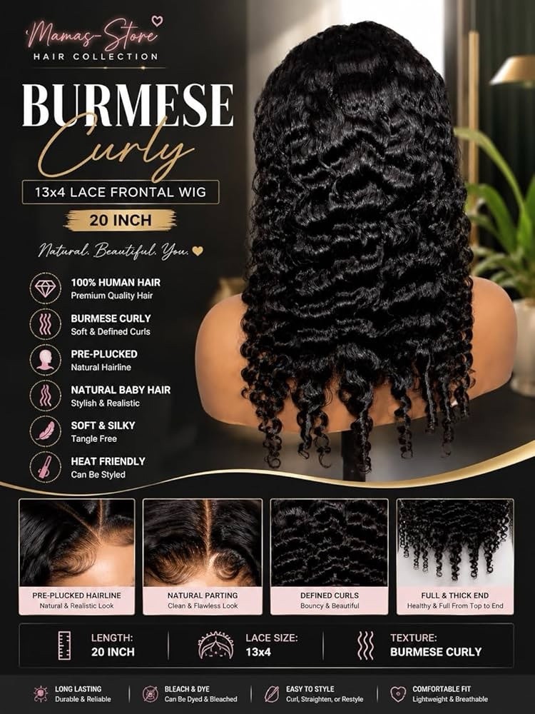 Luxury Burmese Curly 13×4 Lace Frontal Wig – 20 Inch, 100% Human Hair with soft