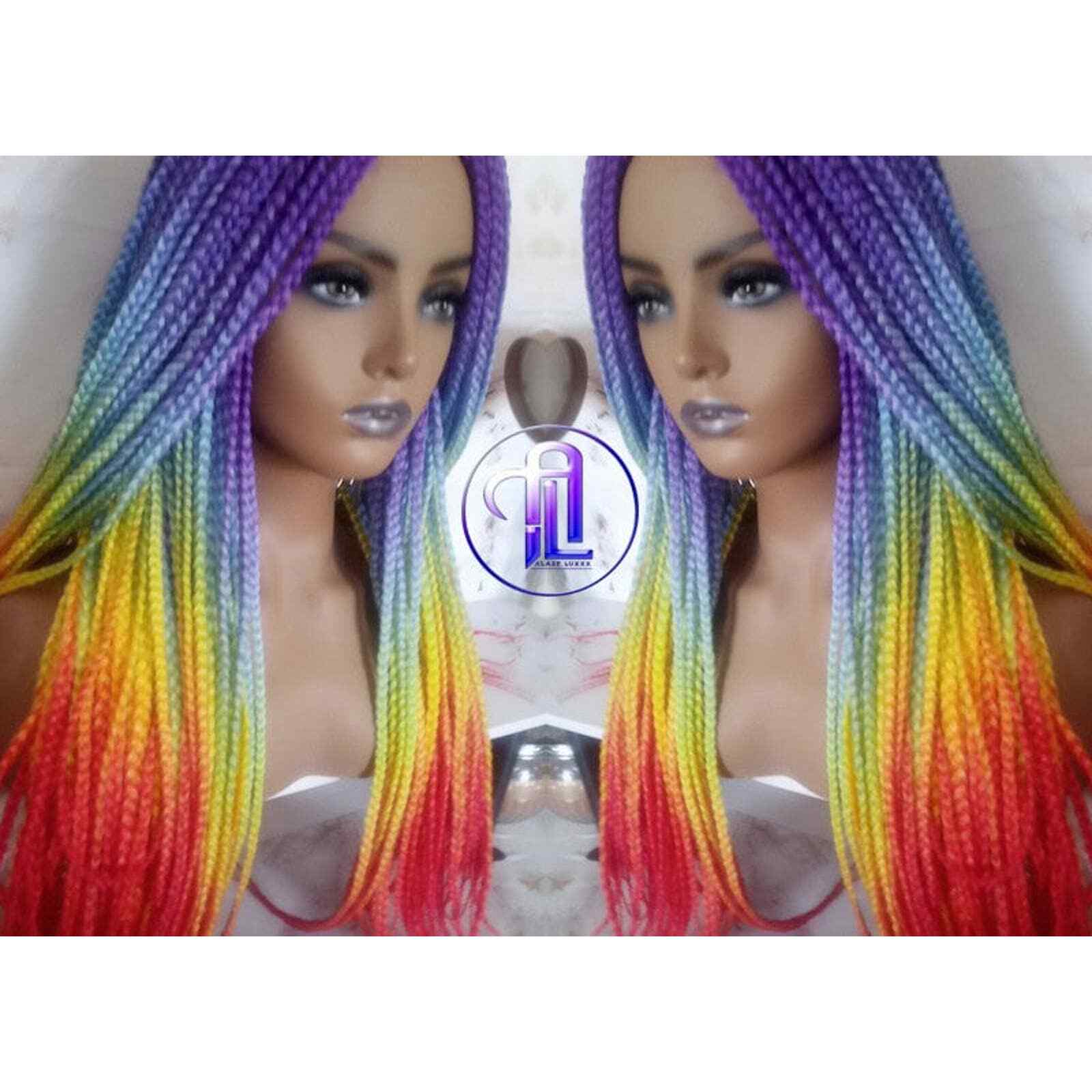 Rainbow Mermaid Purple Blue Yellow Orange Wig Box Braids hair Lace Part Pride