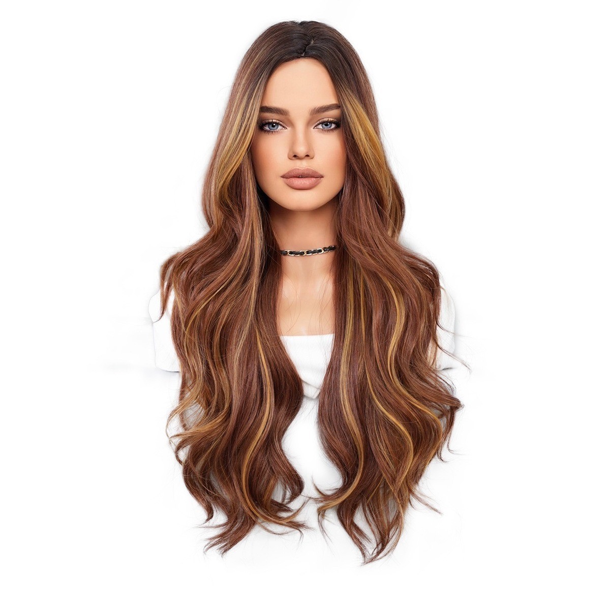 Women parted highlighted long curly hair wig with large waves artificial hair