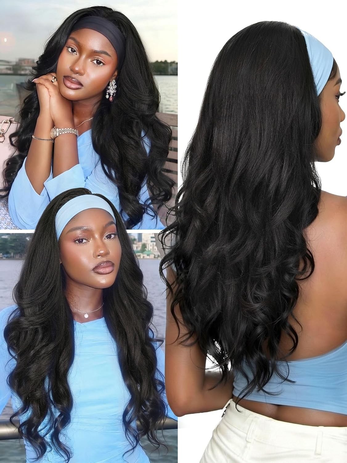 Yaki Wavy Headband Wig for Black Women Layered Filp 26in (Flower Headband) #1B