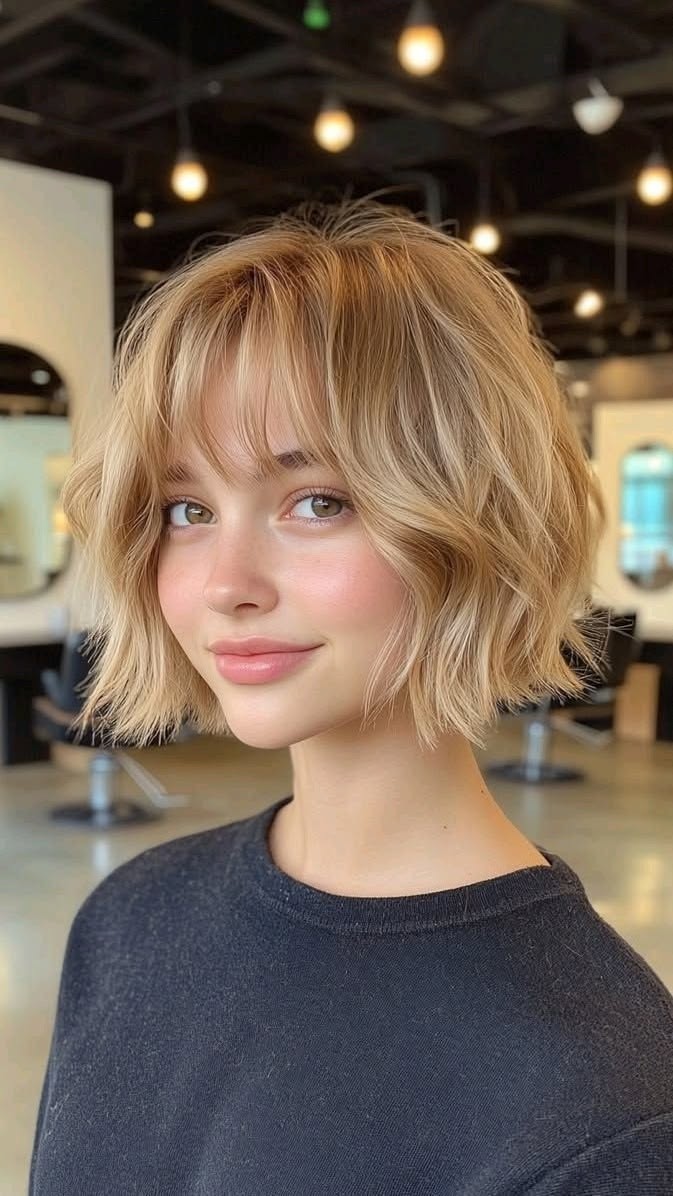 Short Warm Sandy Blonde Bob Wigs with Bangs 100% Human Hair Lace Front Wigs