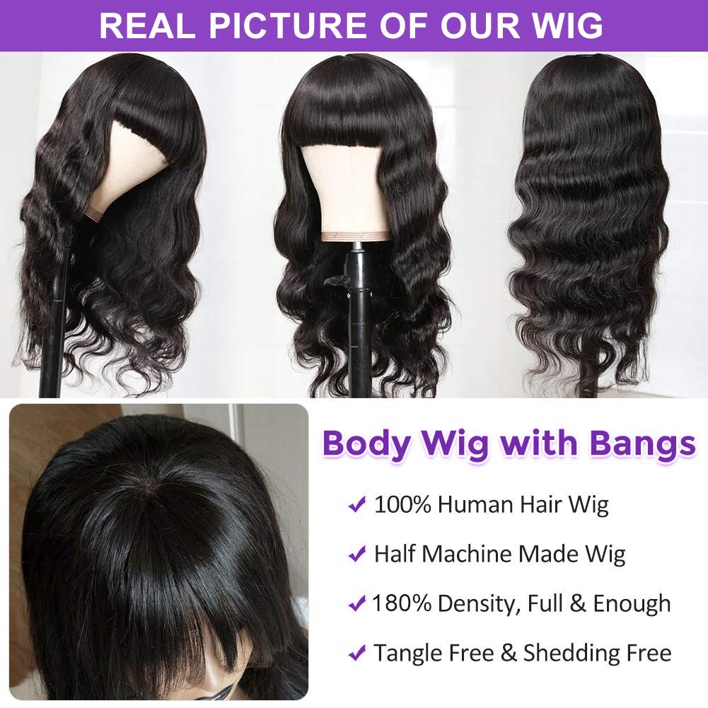 Body Wave None Lace Front Wigs Human Hair with Bangs Glueless Machine Made Wigs