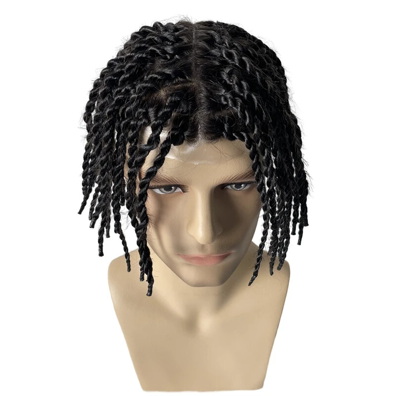 Twist Braids Human Hair Replacement System Knotted Skin Toupee for Black Men