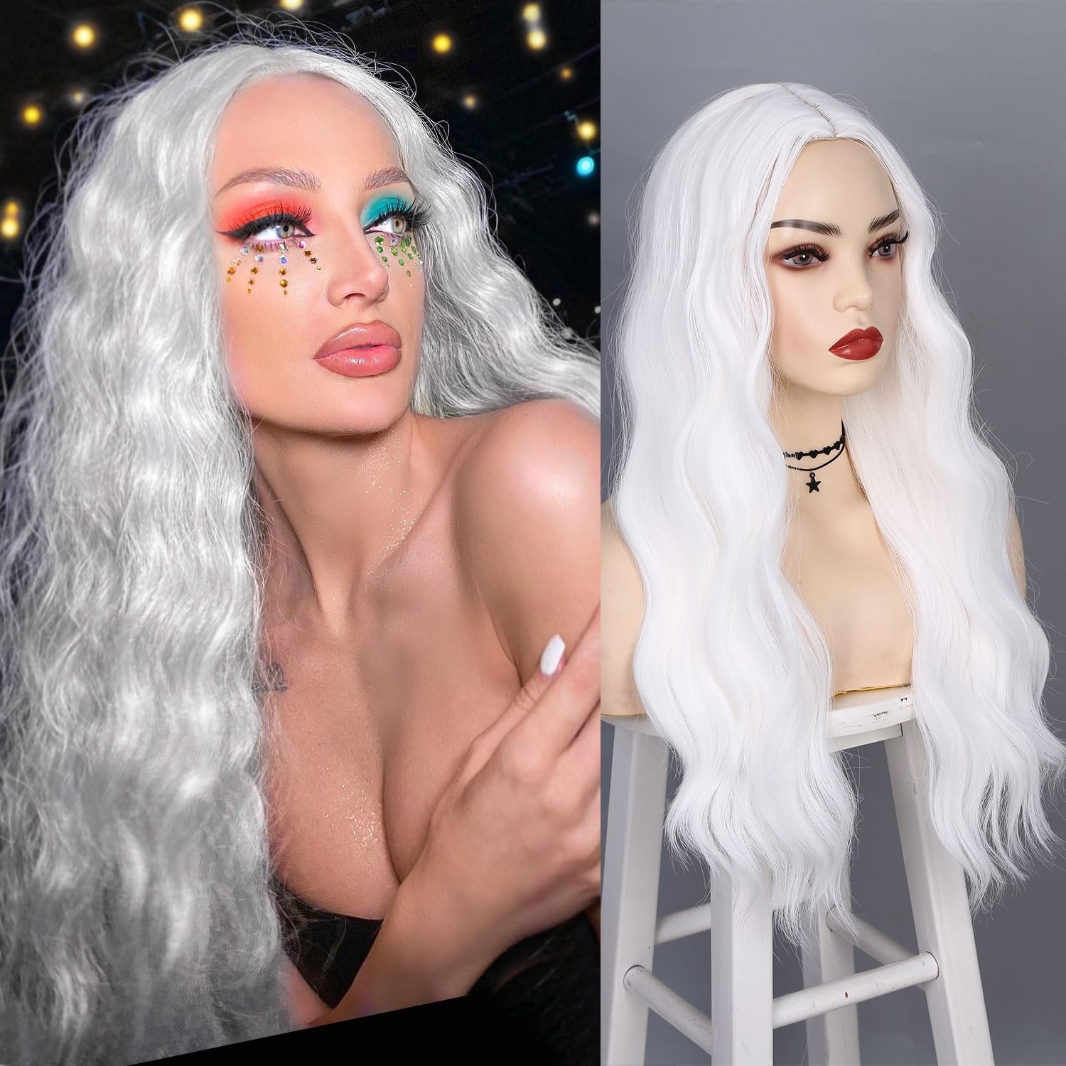 Long White Wigs for Women White Long Curly Wavy Wig Middle Part Synthetic Wig…