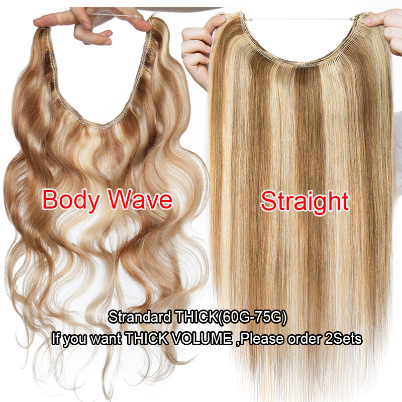Invisible Wire In One Piece Weft Remy Human Hair Extensions 3/4 Full Head Blonde