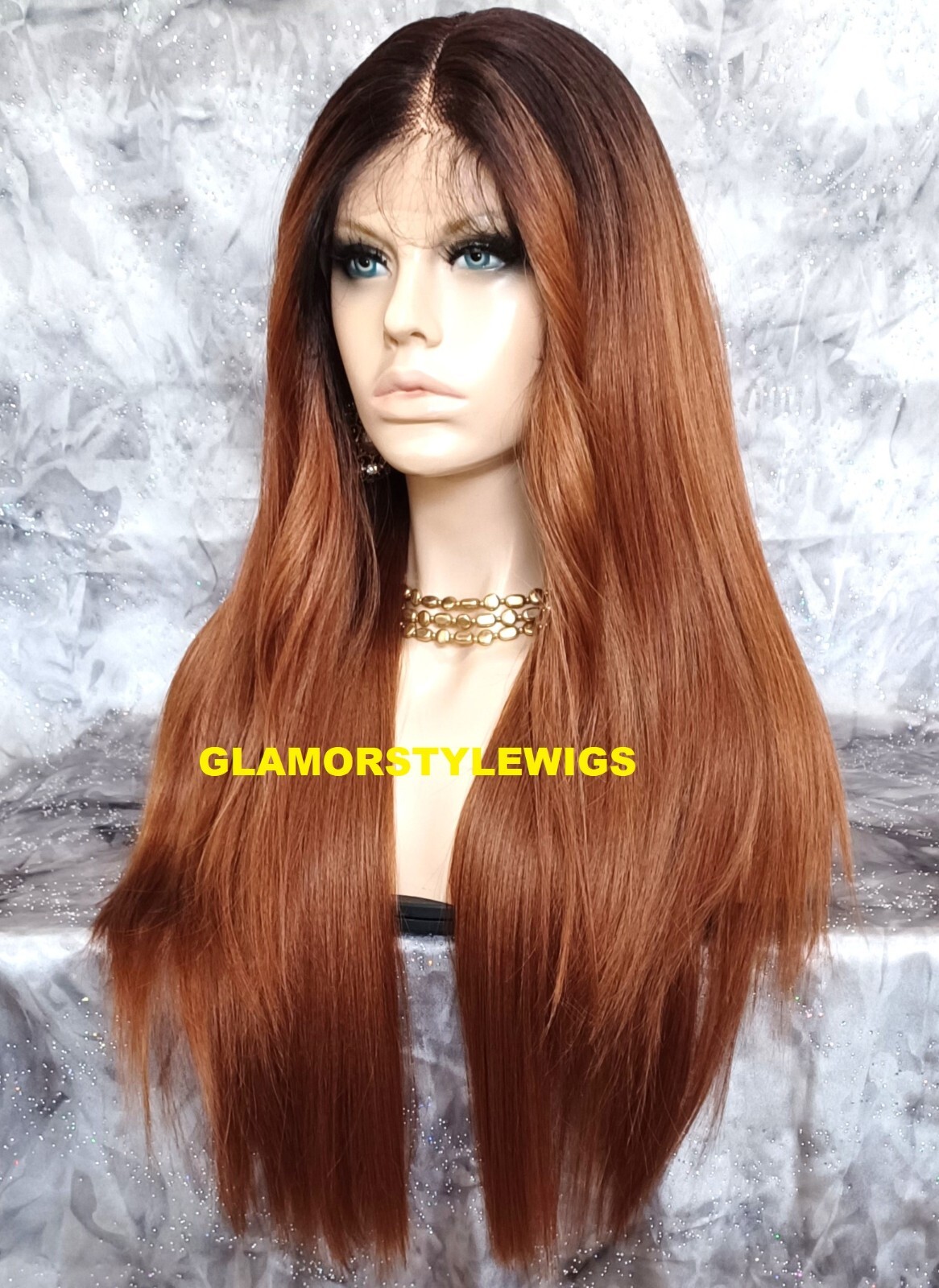 34″ LACE FRONT FULL WIG LONG STRAIGHT LAYERED OMBRE BROWN AUBURN MIX HEAT OK NWT