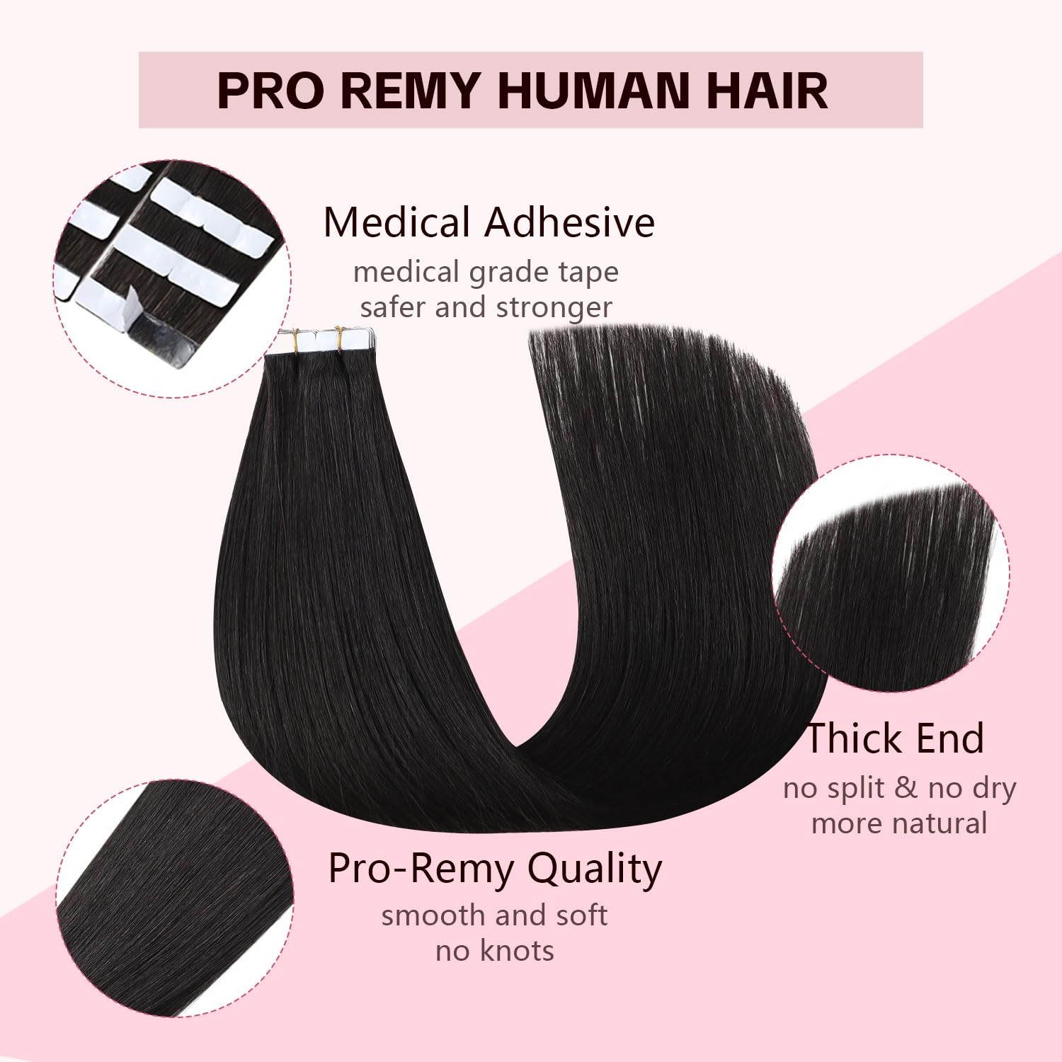 Sweetmet Invisible Tape in Hair Extensions Real Human Hair Pro3.0#1B Natural Bla