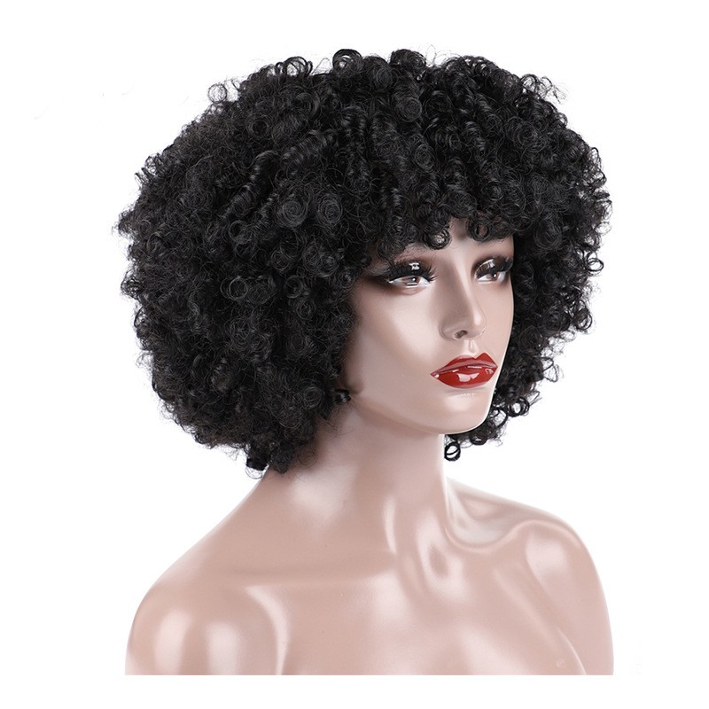 Black Fluffy Afro Short Curly Synthetic Full Wig for African American Women