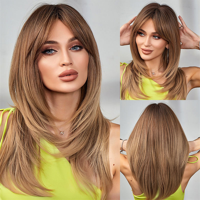 Women Wig Fashion Gradient Golden Fiber Wig High-Temperature Eight-Character