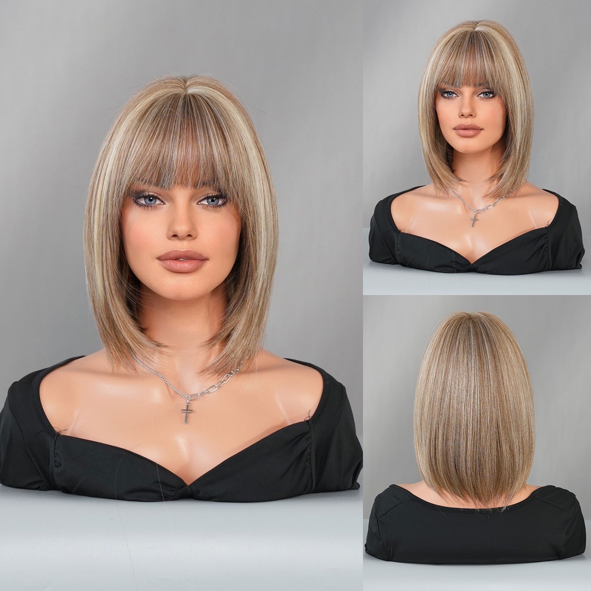 Brown Tea Short Straight Bob Wig with Full Bangs Highlight Beige Inverted Bob