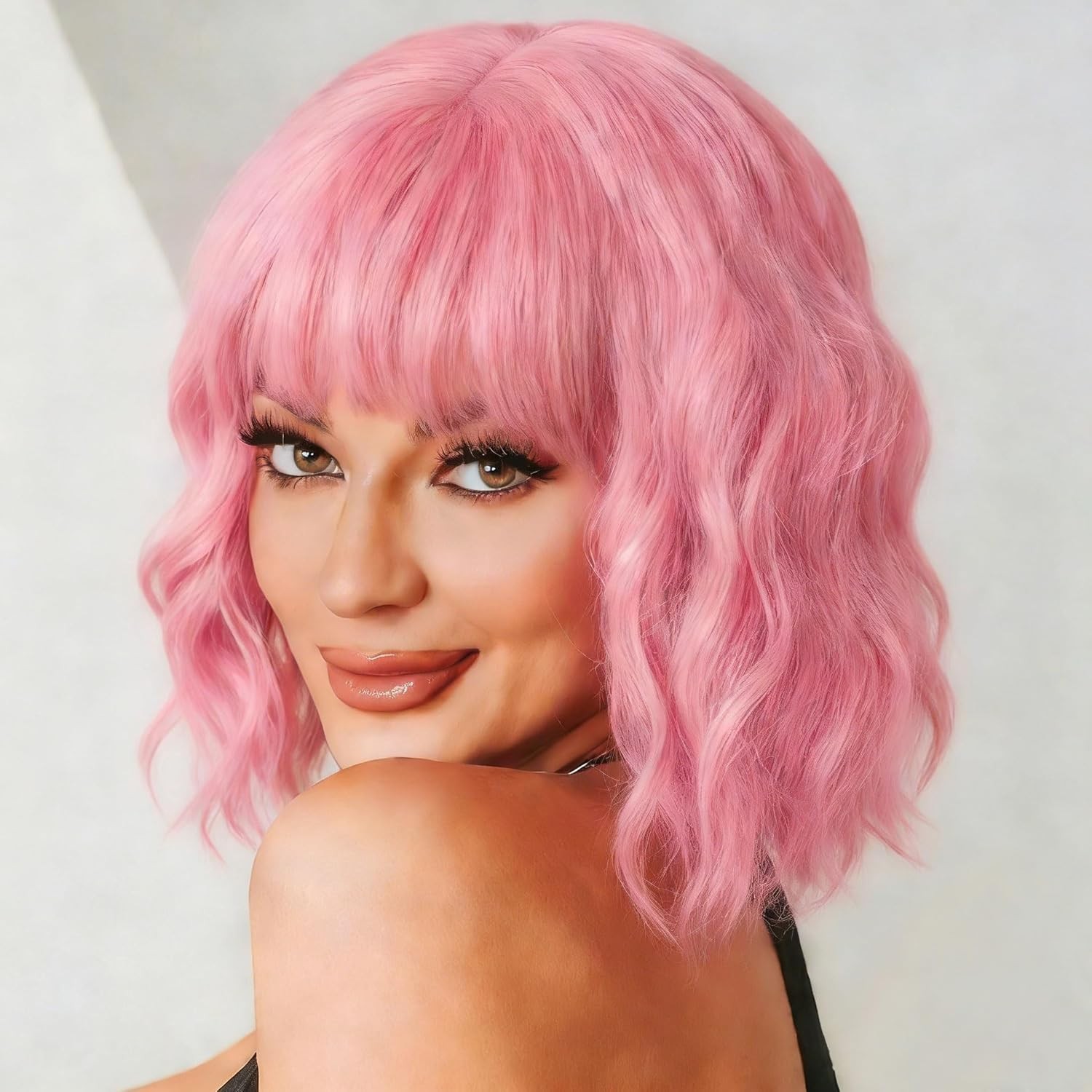 Pastel Brown Wavy Bob Wig Women, Short Shoulder Length Synthetic Wig with Bangs
