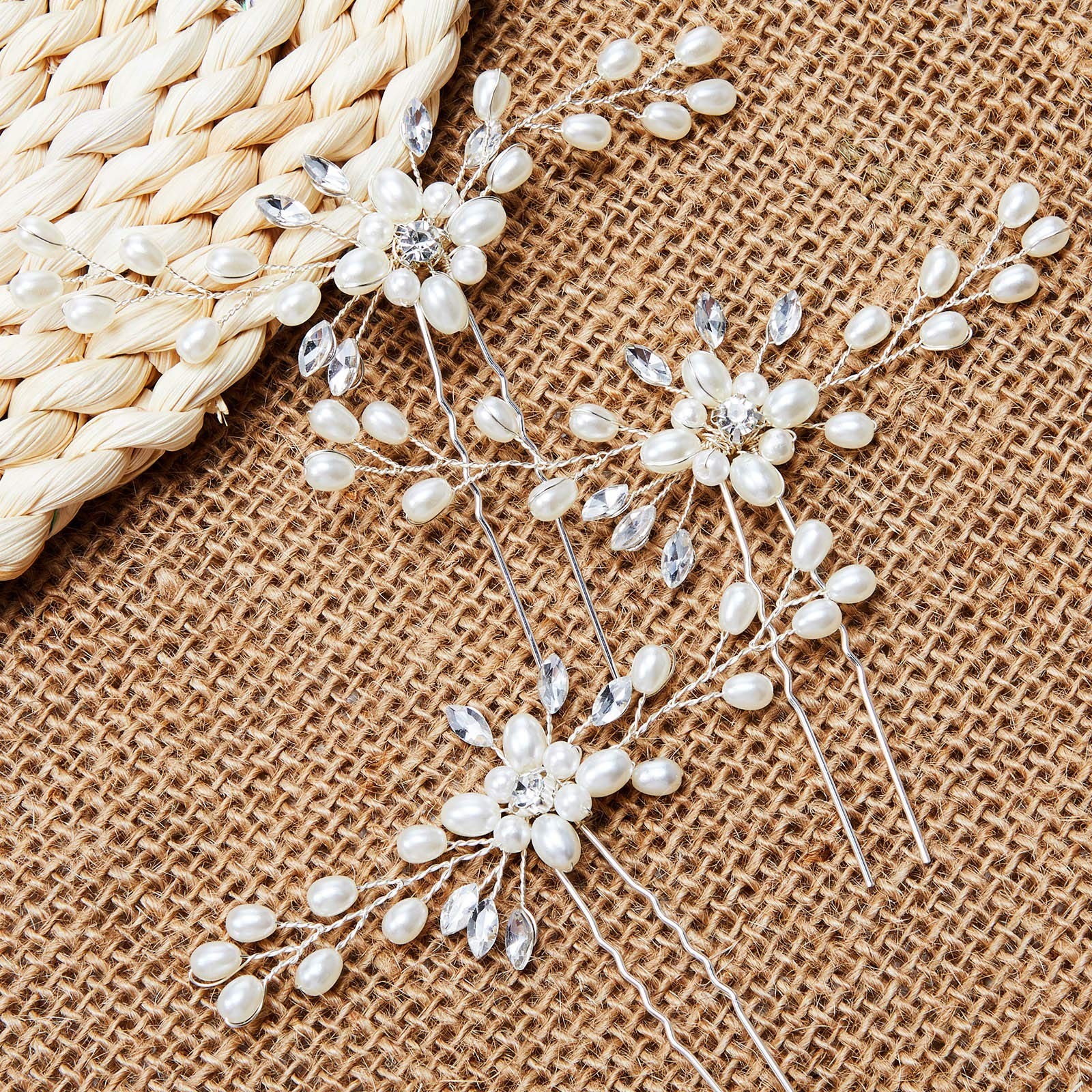 Syhood 4 Pieces Pearl Crystal Bridal Hair Pins Rhinestone Flower Wedding Hair Pi