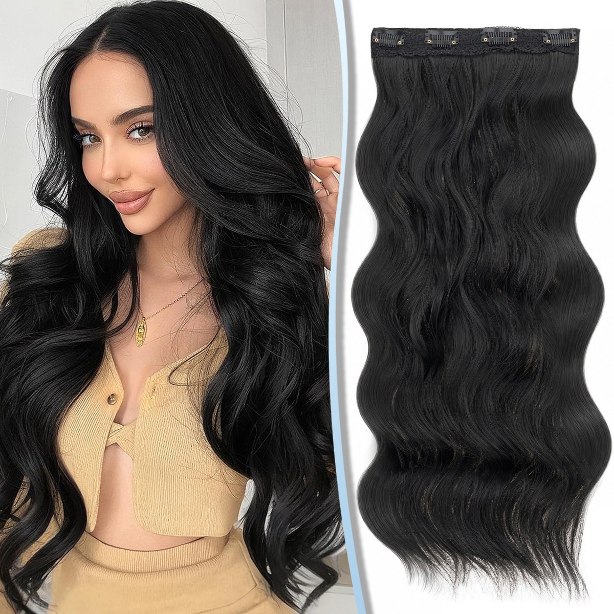 20/24″ Clip in Hair Extensions 4 Pieces Long Wavy Synthetic Hairpieces Lace Weft