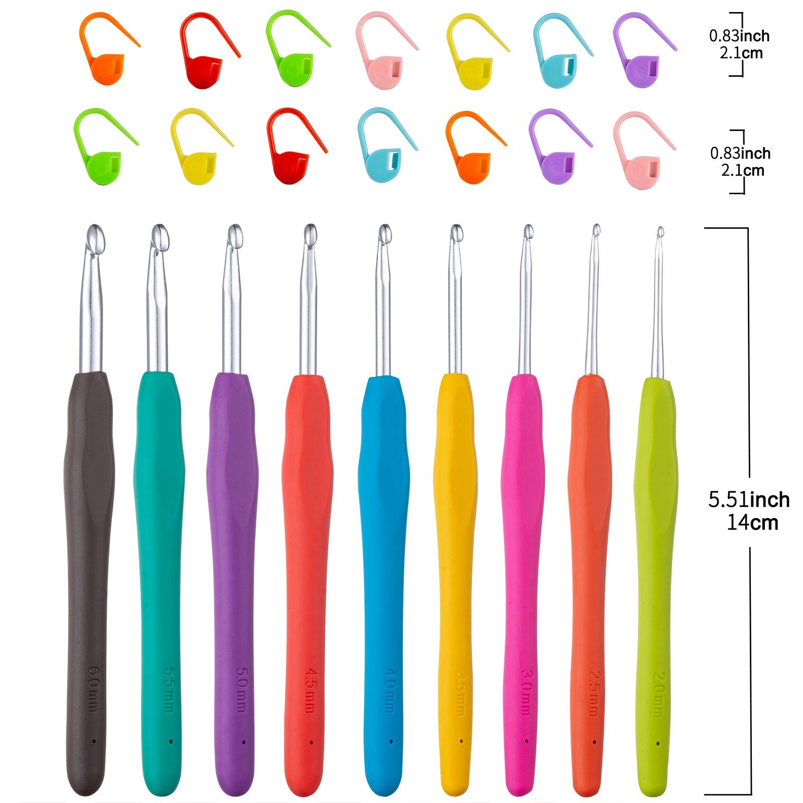 Vodiye 23 PCS Crochet Hooks, Ergonomic Handle 9 Size(2.0-6.0mm), Multicolor
