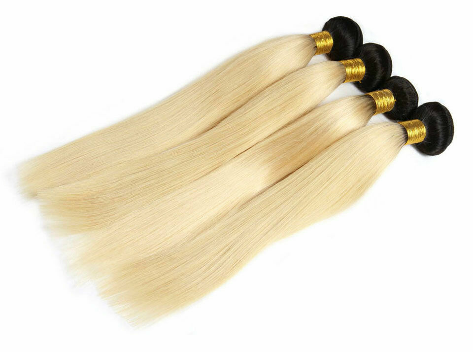 12A CAMBODIAN HUMAN HAIR WEFT 3/4BUNDLE+LACE TOP CLOSURE=FULL HEAD 1B/613 BLONDE