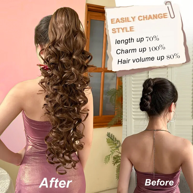 Claw Ponytail Long Curly Pony Tails Clip In Hair Extension Brown Highlight Thick