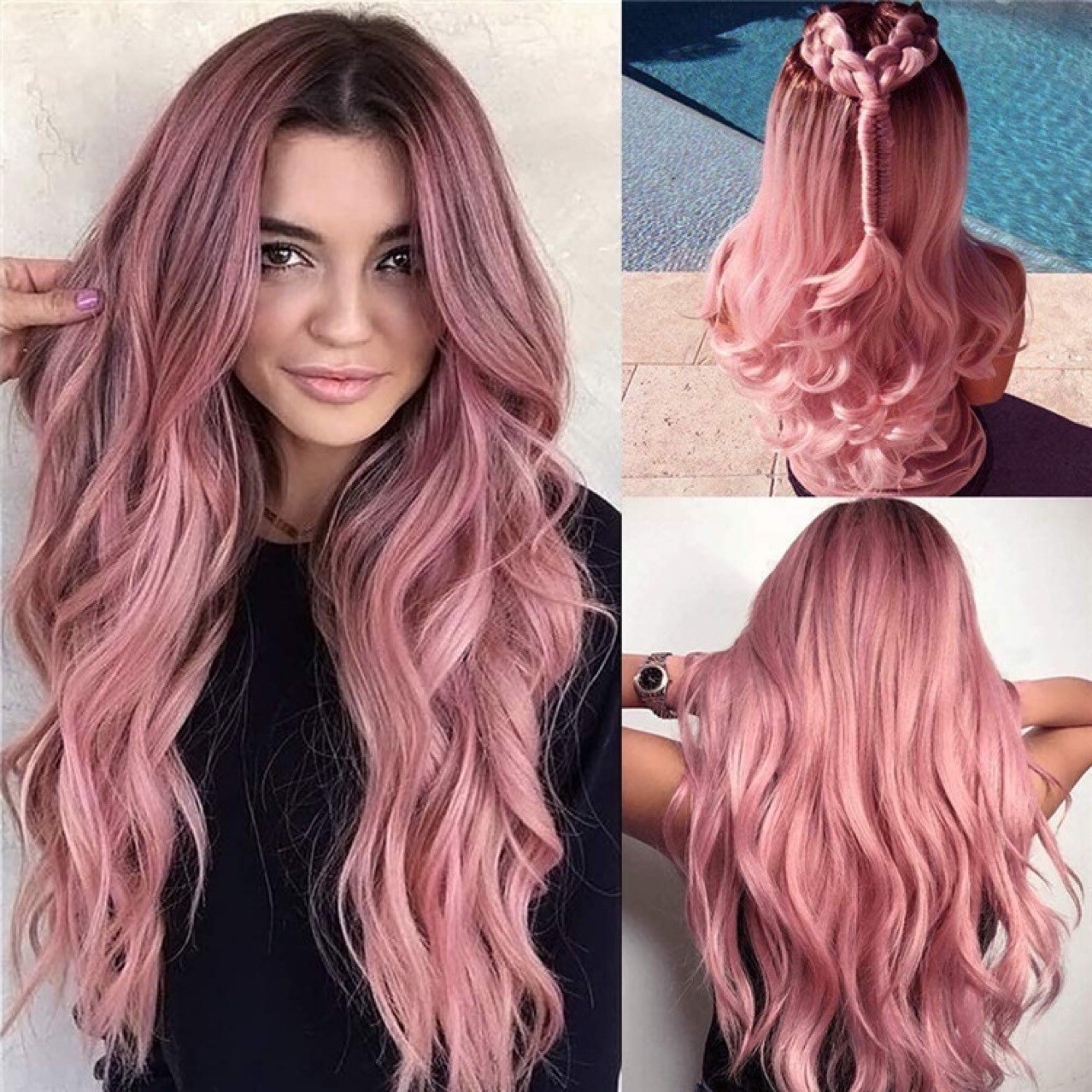 1 Set Pink Wave Synthetic Long Hair Wigs for Women Lady Medium Lace Frontal Wig