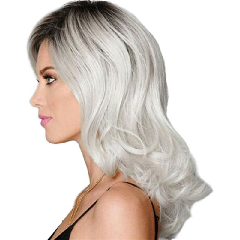 Ash Gray to Silver White Ombre Wavy Curly Blonde Wig Shoulder Length Women Hair