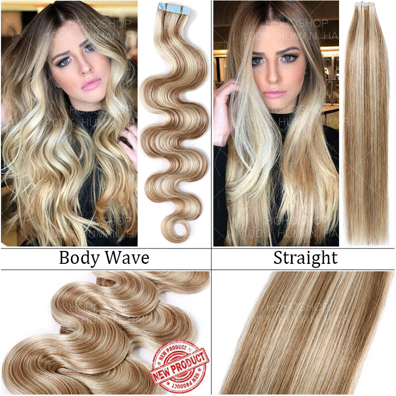 Tape In Russian Remy 100% Human Hair Extensions Skin Weft Thick Full Head 22″24″