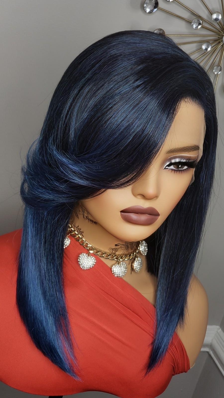 New Jade Blue Straight Bob Side Bangs Style Lace Front Wig Women Fashion Hair
