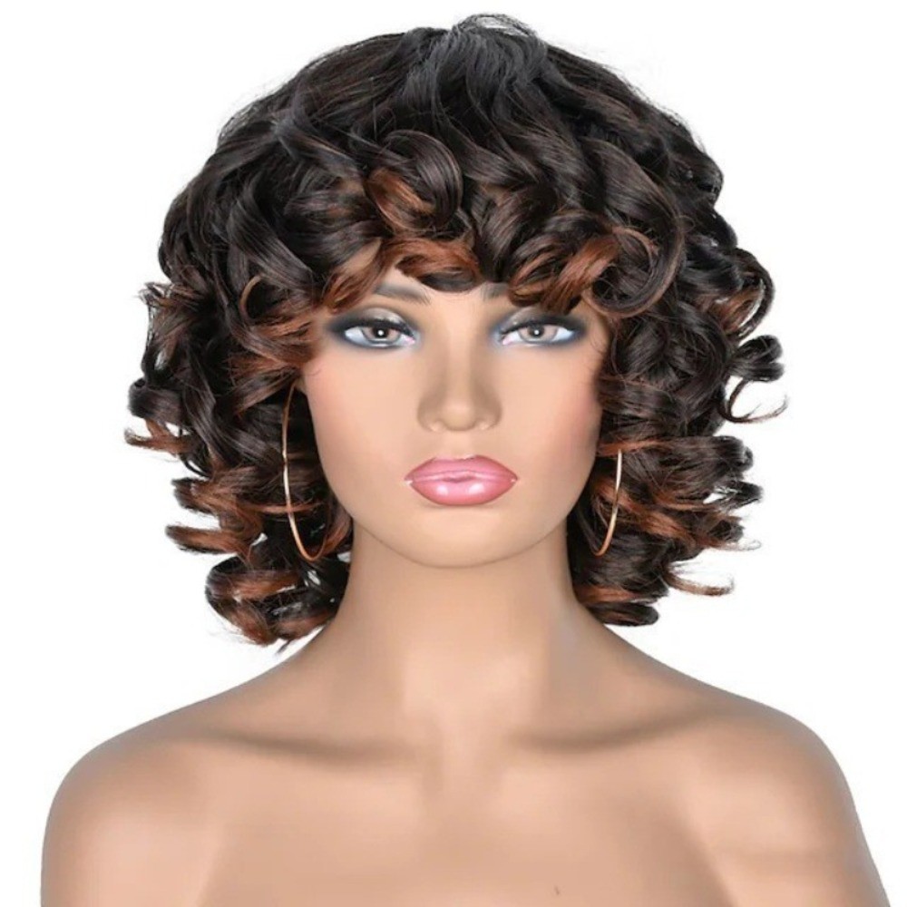 Multi-color Short Afro Kinky Curly Wig Synthetic Full Head Wig For African Women
