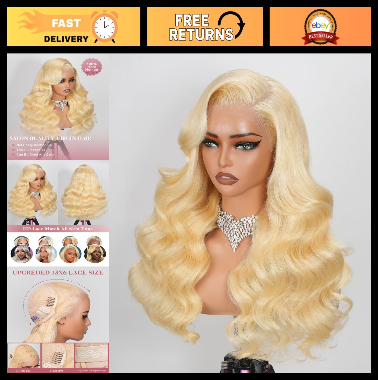 13×6 Lace Front Human Hair Wig 200 Density 26″ Blonde Body Wave No Shedding