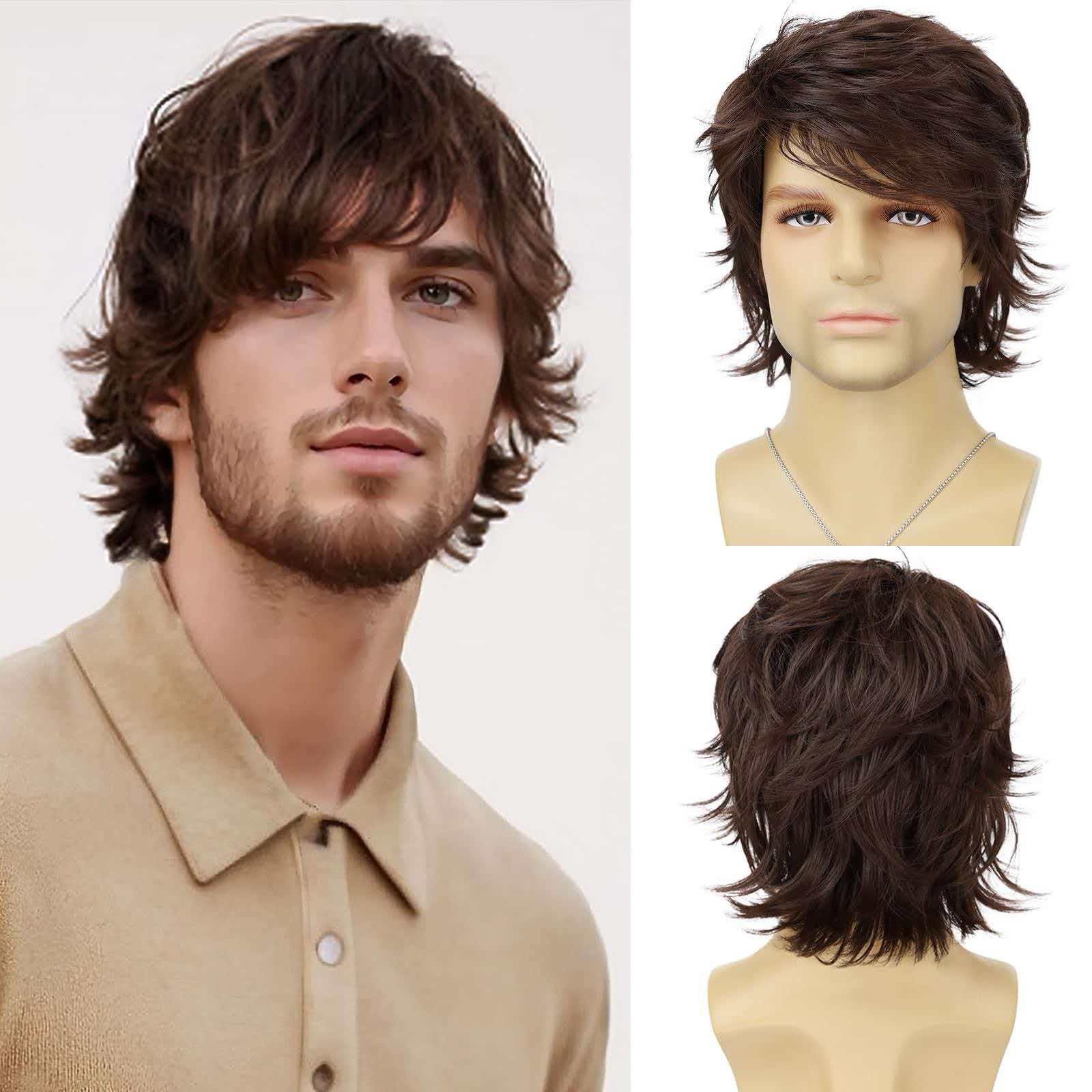 Men’s Short Brown Wavy Wig 8in Full Cosplay Heat Resistant Synthetic Party Daily