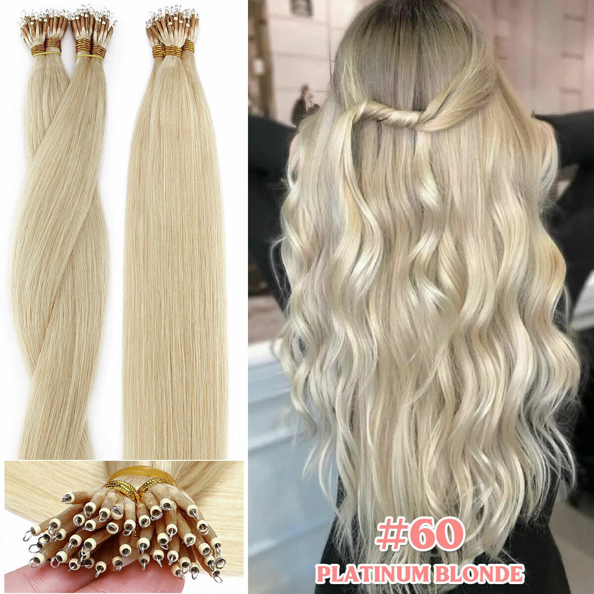 300PCS Thick Remy Human Hair Extensions Nano Ring Micro Loop Beads Highlight USA